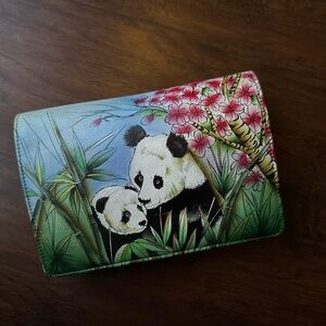 Anuschka Leather Lovable Pandas Blue and Cream Leather Wallet / crossbody